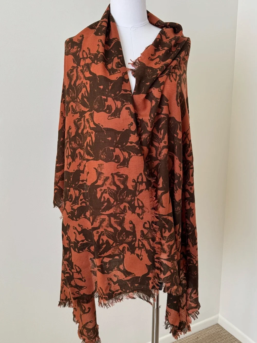 Trouve 100% Mercerized Wool Equestrian Horse Print Shawl Wrap Scarf Oversized